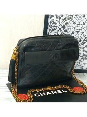 Chanel Quilted Chain Shoulder Lambskin Fringe Black